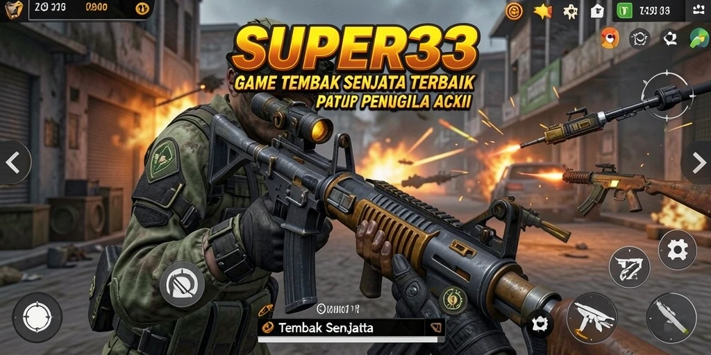 Tampilan antarmuka SUPER33 dengan aksi menembak yang intens.